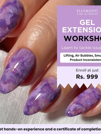 Level up your nail game with our Gel Extensions Workshop for just Rs. 999. We'll teach you how to avoid common issues like lifting, air bubbles, and smudging.