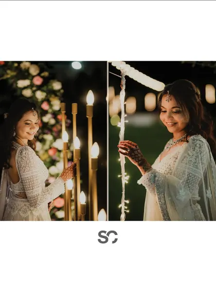 Creative portraits of the bride, Premika, interacting with the beautiful light decorations at her reception.