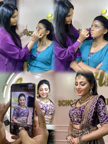 From practice to perfection. This collage shows me demonstrating techniques on a model, and the final stunning result that students learn to achieve.