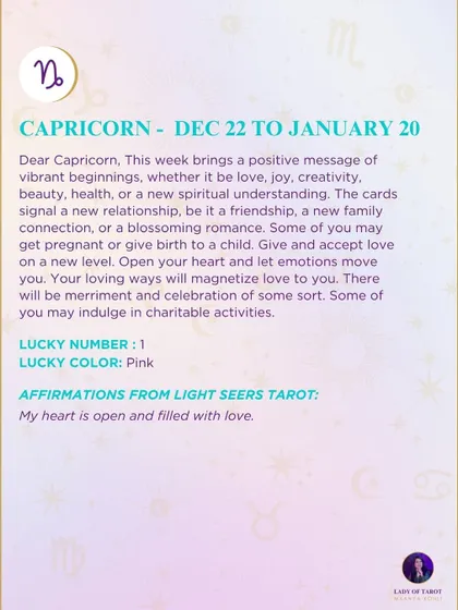 This week's tarot guidance for Capricorn. The reading brings a positive message of vibrant beginnings, whether it be in love, joy, creativity, or a new spiritual understanding.