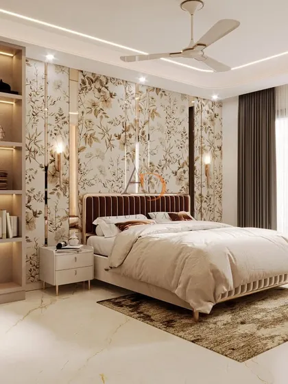 This luxurious master bedroom features a floral wallpaper, a rich mocha-brown velvet headboard, and a spacious layout with a dedicated seating area.