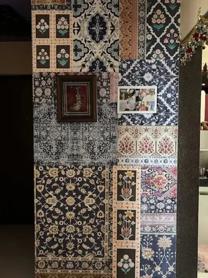 For a unique and eclectic look, I created this feature wall using a patchwork of different traditional Indian block print and carpet patterns. It’s a creative way to showcase a variety of beautiful motifs in one cohesive design.