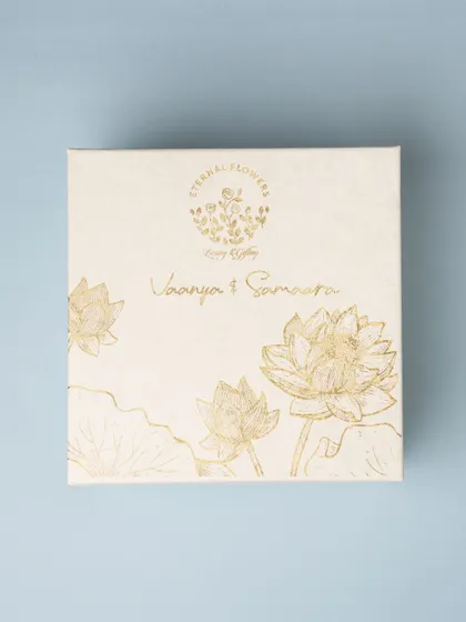 The lid of the custom box for Vaanya & Samaara's naming ceremony, a beautiful keepsake in itself.
