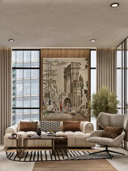 Even an office cabin can have a comfortable living area. We designed this seating space with a plush sofa, a wingback chair, and a large art piece to provide a relaxed setting for informal meetings or a quiet break.