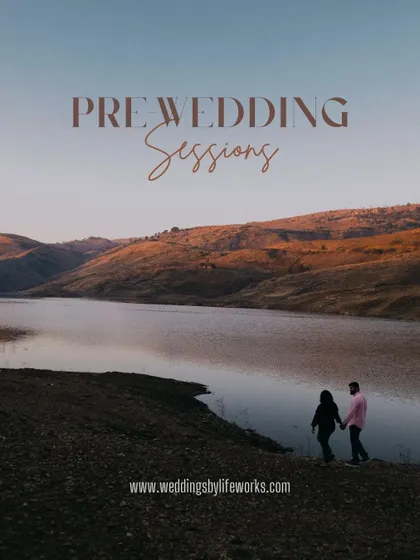 A couple holding hands, overlooking a serene lake and hills. This image perfectly captures the feeling of starting a new journey together.