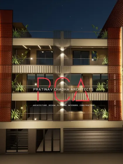 A frontal 3D render of the Outram Lines facade, showcasing a symmetrical design with vertical louvers and illuminated terracotta panels.