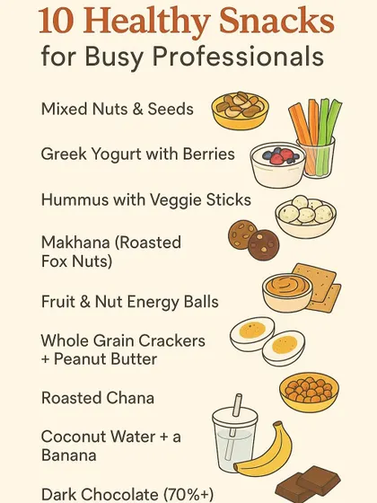 Here is a list of 10 healthy snacks perfect for busy professionals. Options like mixed nuts, makhana, and hummus with veggie sticks are easy to carry and will keep you energized throughout the day.