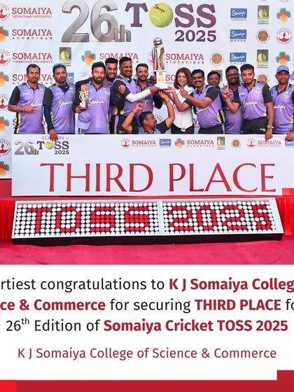 K J Somaiya College of Science & Commerce celebrating their third-place finish. We use professional staging and backdrops for all our award ceremonies.