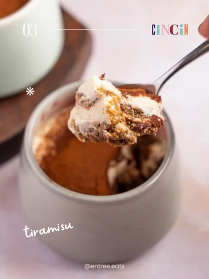 A spoonful of tiramisu from CinCin. This action shot is all about the creamy texture, giving viewers a sense of how delicious and satisfying the dessert is.