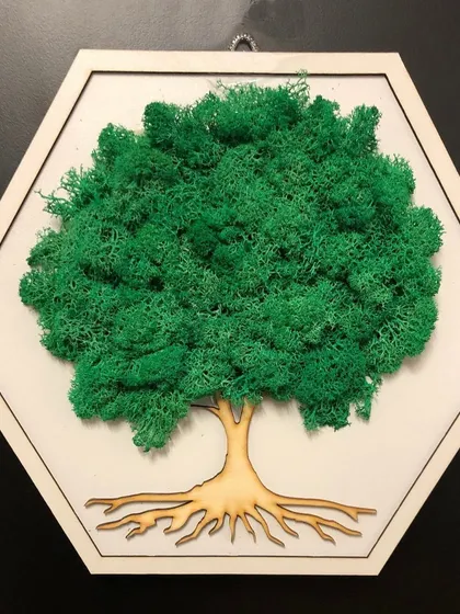 A clean, well-lit shot of the moss tree art in the white frame. This piece is a perfect blend of natural and graphic design.