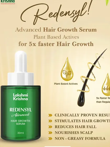 This graphic highlights the key benefits of our Redensyl Advanced Hair Growth Serum. It shows how the plant-based actives deliver clinically proven results, stimulating hair growth, reducing hair fall, and nourishing the scalp with a non-greasy formula.