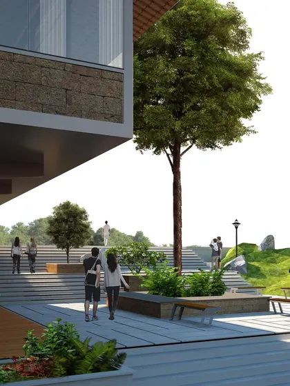 This visualization shows the arrival experience at the Kaivalyam reception block, with landscaped steps and seating areas creating a welcoming, informal atmosphere.