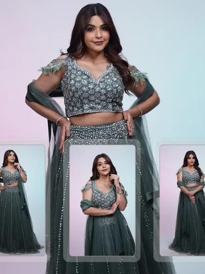 A collage of the dark green lehenga, showing how it looks from different angles. The feather details and sequin work make it a truly unique piece.