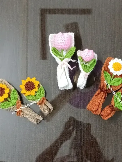 Our mini and XS bouquets laid out to show the different sizes and flower types available, including sunflower, tulip, and daisy.