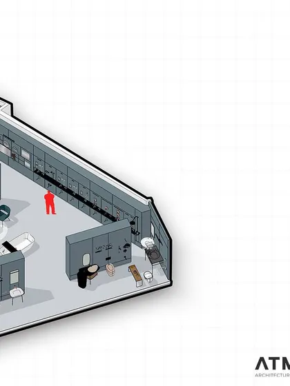 Another detailed section of the plan, this drawing helps visualize the scale and relationship between the display walls and the open floor space.