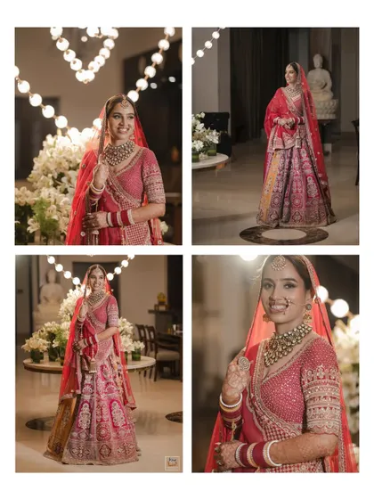A collage of the bride in her stunning red lehenga, capturing her full look and happy expressions.