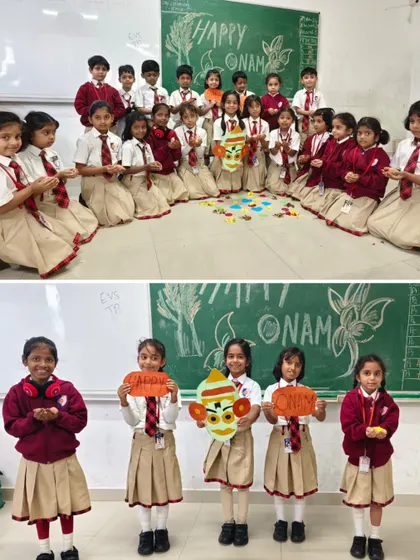 A class of students celebrates Onam with handmade crafts, including Kathakali masks, connecting with the artistic traditions of Kerala.
