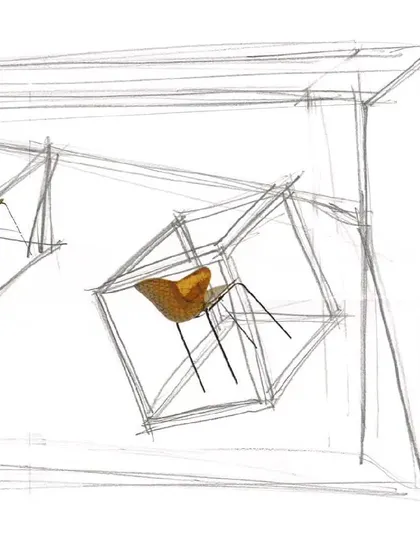 A more refined sketch, working out the angles and perspectives of the installation. This stage is crucial for translating the abstract concept into a buildable design.