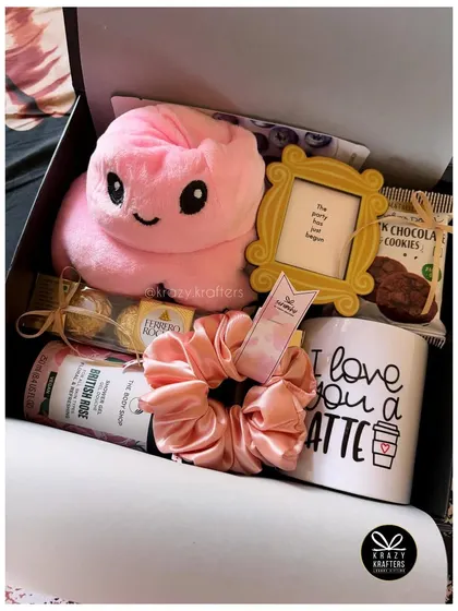 An urgent birthday order we put together, featuring an 'I love you a latte' mug, a cute plushie, and other sweet treats.
