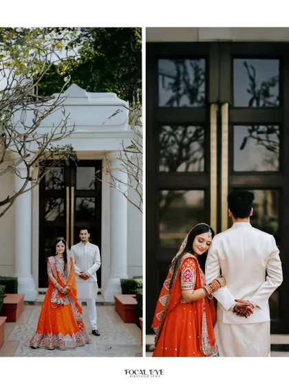 A collage of the couple posing in a classic, elegant setting, showcasing both a formal portrait and a more intimate, candid moment.