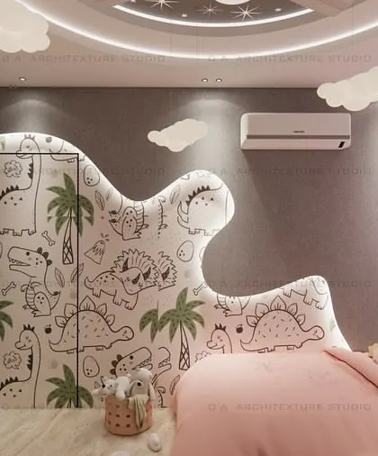 A closer look at the unicorn and dinosaur-themed kids' room, showing the custom-designed wardrobe with dinosaur drawings.