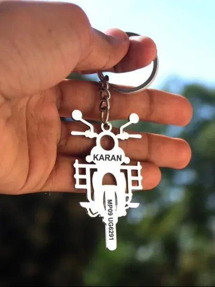 For the bike lover, this custom metal keychain is shaped like a Royal Enfield. I can engrave the owner's name and even their license plate number on it.