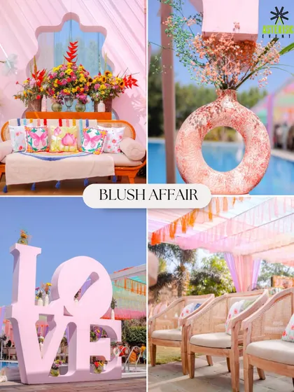 A "Blush Affair" mood board for a sweet and romantic event. This theme uses soft pinks and pastels, with charming details like a giant "LOVE" sign and butterfly-print cushions.