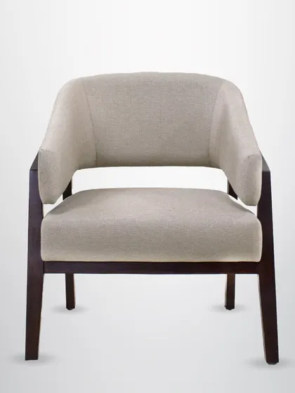 This classic wooden armchair features a simple, elegant frame and neutral upholstery. Its timeless design and solid craftsmanship make it a durable and stylish addition to any room.