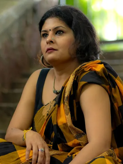 An expressive shot from the Kanchi cotton saree series, showing a more pensive and bold attitude. The same outfit can convey different moods.