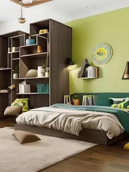 A spacious bedroom with an integrated study area, featuring a large bookshelf and a comfortable chaise lounge for reading.
