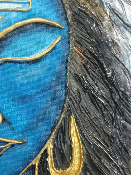 A close-up of the Shiva texture painting, highlighting the golden accents on his face and the details of his closed eyes.