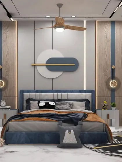 A playful and modern 3D design for a child's bedroom. The room features a fun, geometric theme with a mix of blue, wood, and white, along with a glass-door display cabinet for toys.