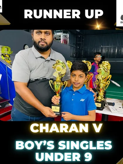 Charan V with his runner-up trophy for Boy's Singles Under 9. He has a bright future ahead in the sport.