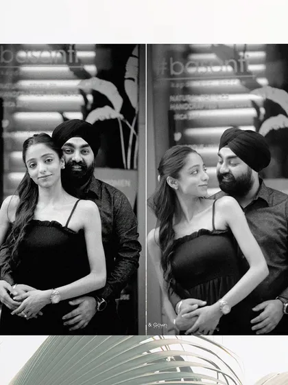 A diptych showing two connected moments from a pre-wedding shoot. One posed, one candid, this black and white set captures both a classic portrait and a natural interaction.