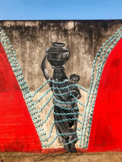 Each panel of the 'Stories of Water' mural tells a different part of the story. From the farmer dependent on the rains to the children playing in floodwaters, the artwork depicts the complex and often contradictory realities of water access and urbanization in our city.
