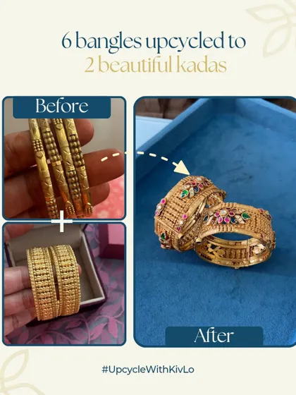We turned 6 old gold bangles into 2 stunning, heavy masterpieces. These bold, timeless kadas are perfect for every generation to love and wear.