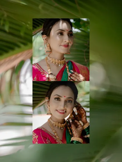 A diptych of the bride's portraits, framed by green leaves, capturing her serene and happy expression.