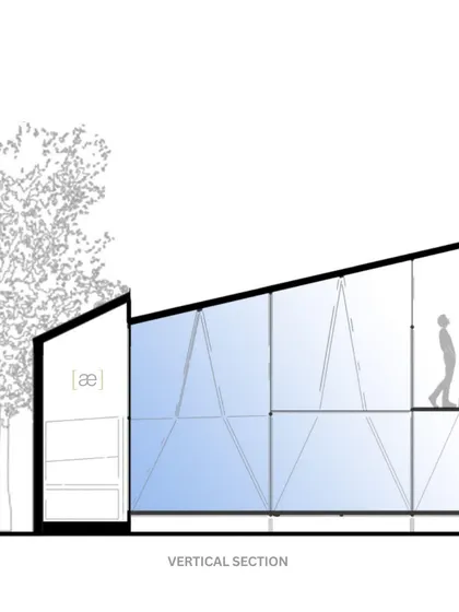 A vertical section drawing of our "Parasite" micro-home concept. This drawing illustrates the two-level living space enclosed within a lightweight, glazed structure designed for minimal environmental impact.