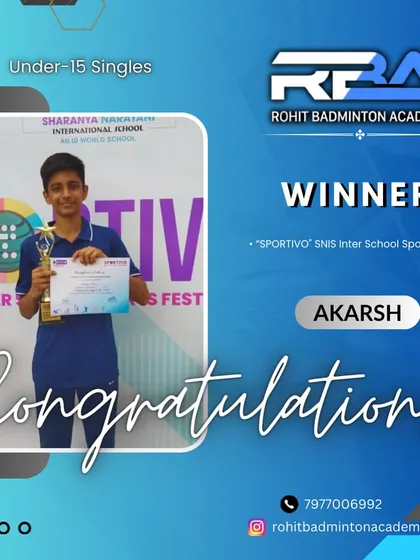 Celebrating Akarsh's victory in the Under-15 category at the SPORTIVO SNIS Inter-School Sports Fest.