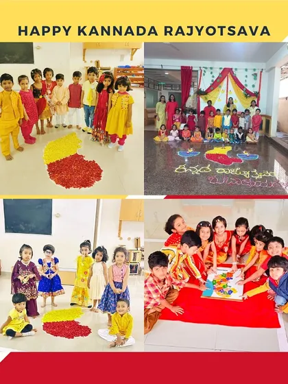 Happy Kannada Rajyotsava. Our children celebrated the formation of our state with traditional attire and beautiful flower rangoli, honoring our local culture and language.