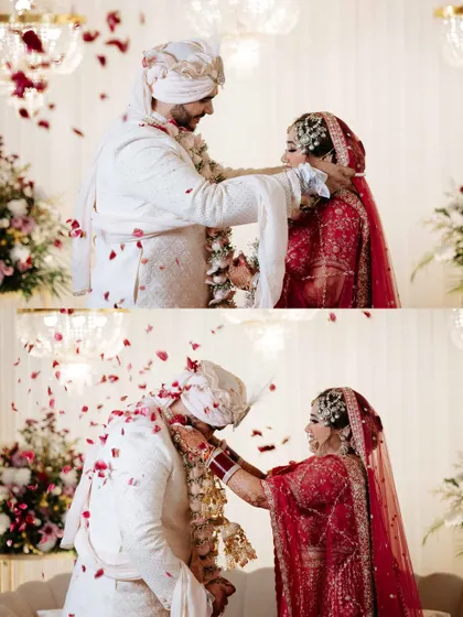A two-part collage of the jaimala ceremony. It captures the playful and romantic exchange of garlands under a shower of rose petals.