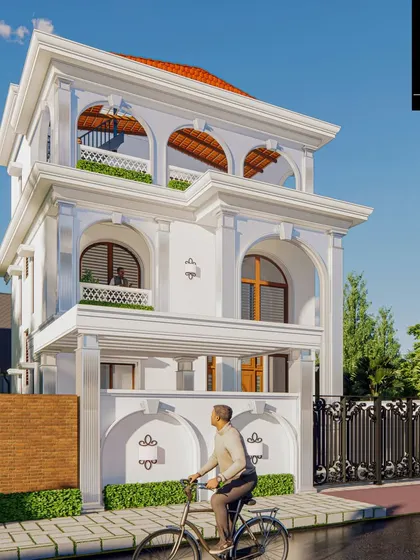 This neoclassical-inspired residence for Mr. Praveen boasts majestic arches, intricate moldings, and grand columns. The white facade is complemented by warm wooden accents and terracotta roof tiles.