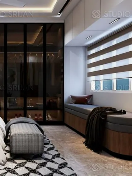 Another view of the closet and window seat, showing how this functional space is also designed for comfort and relaxation.