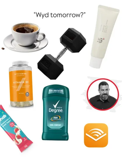 A visual starter pack for my ideal night in versus my ideal morning. A restful night for me includes things like a face mask, eye patches, a good book, and maybe some sugar-free ice cream. A productive morning involves coffee, a workout, and listening to an audiobook.