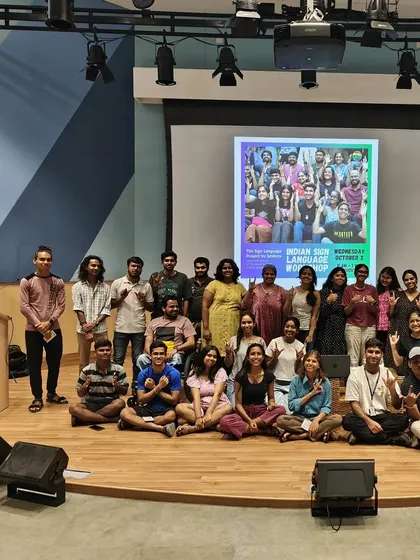 A group photo with the wonderful students and staff of Azim Premji University after our ISL workshop. The session sparked meaningful conversations about including Deaf individuals in education.