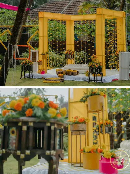 A vibrant yellow-themed Haldi setup with marigold decorations and traditional pots, perfect for an outdoor celebration.