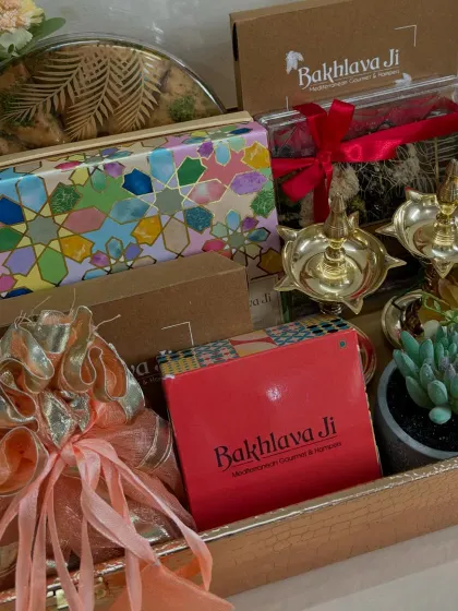 Another view of our Bakhlavaji collaboration hamper, with a beautiful bow and elegant packaging.