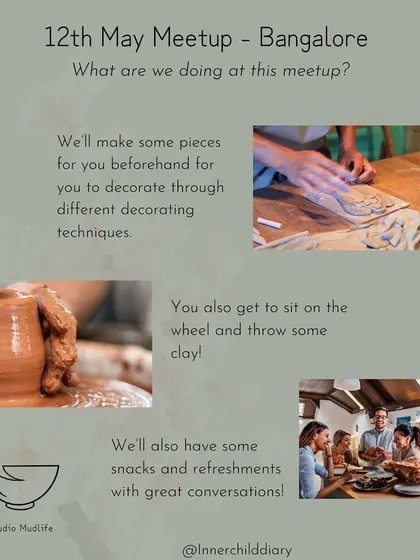 Details for our Mother's Day meetup. We offered a chance to decorate pieces, throw on the wheel, and share in conversation and snacks in a compassionate environment.