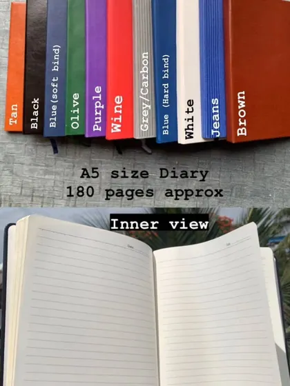 I offer a wide range of colors for my A5-size diaries, which contain approximately 180 ruled pages. This allows you to fully customize your diary and pen gift sets.