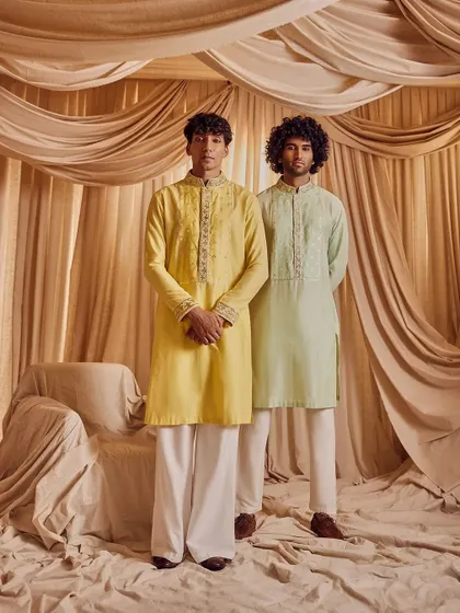 A dual-model shot for Kunal Anil Tanna. I provided consistent and clean grooming for both models, ensuring they looked sharp and cohesive for this luxury menswear campaign.